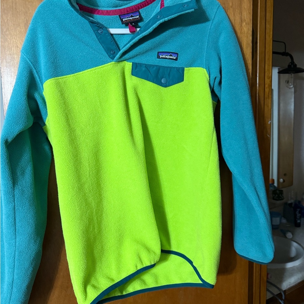 Patagonia woman’s Vibrant Green and Blue Hoodie